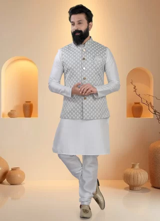 Sequins and Thread Work Silk Kurta Payjama with Jacket In Grey and White for Ceremonial