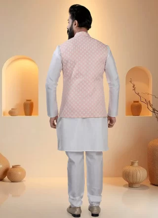 Sequins and Thread Work Silk Kurta Payjama with Jacket In Pink and White for Ceremonial