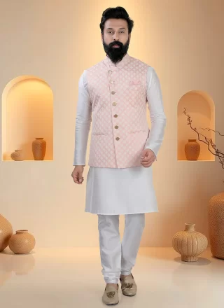 Sequins and Thread Work Silk Kurta Payjama with Jacket In Pink and White for Ceremonial