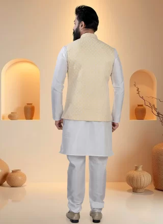 Sequins and Thread Work Silk Kurta Payjama with Jacket In White and Yellow