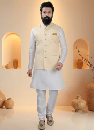 Sequins and Thread Work Silk Kurta Payjama with Jacket In White and Yellow