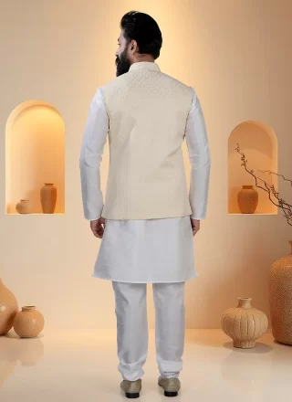 Sequins and Thread Work Silk Kurta Payjama with Jacket In White and Yellow for Ceremonial