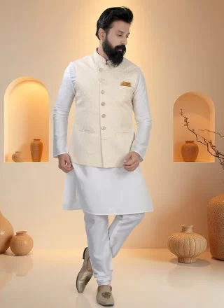 Sequins and Thread Work Silk Kurta Payjama with Jacket In White and Yellow for Ceremonial
