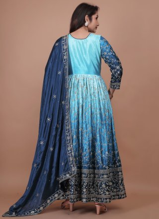 Sequins, Thread and Zari Work Chinon  Designer Gown In Blue