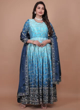 Sequins, Thread and Zari Work Chinon  Designer Gown In Blue