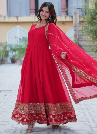 Sequins, Thread and Zari Work Faux Georgette  Designer Gown In Hot Pink