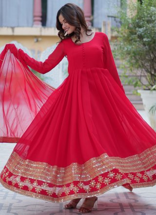 Sequins, Thread and Zari Work Faux Georgette  Designer Gown In Hot Pink