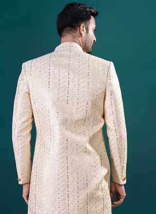 Sequins Work Art Silk Kurta Payjama with Jacket In Gold Color