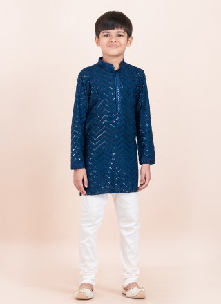 Sequins Work Rayon Kurta Pyjama In Blue Colour