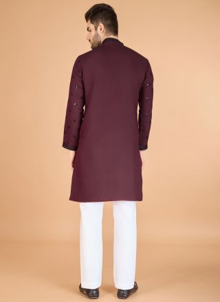 Sequins Work Silk Kurta Mens Wear In Maroon Color