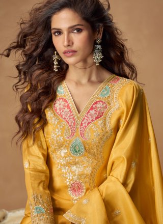 Shimmer Palazzo Salwar Suit In Yellow Colour