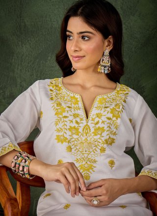 Silk Blend Designer Kurti In White Color