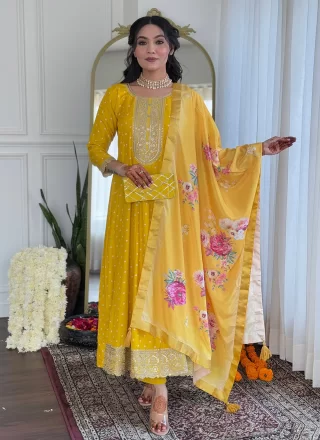 Silk Blend Salwar Suit In Mustard Color