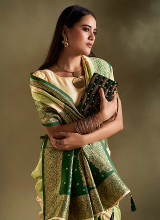 Silk Classic Saree In Cream and Green Color