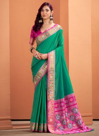 Silk Classic Saree In Green Color