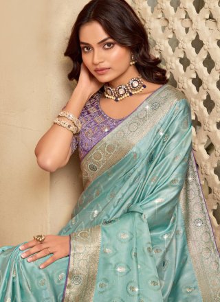 Silk Classic Sari In Aqua Blue Color