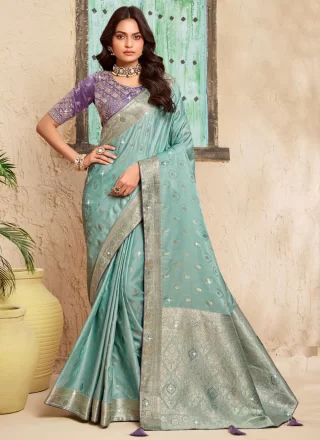 Silk Classic Sari In Aqua Blue Color
