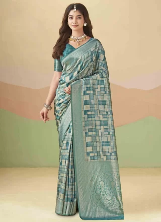 Fabulous Firozi Jacquard Classic Saree with Cord, Mirror and Zari