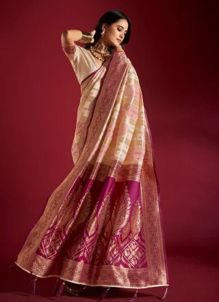 Silk Contemporary Sari In Cream and Pink Color