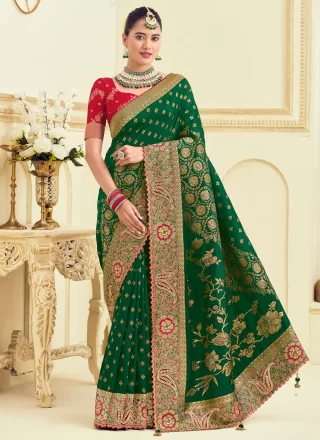 Silk Contemporary Sari In Green Color
