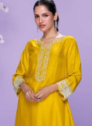 Silk Designer Kurti In Yellow Colour
