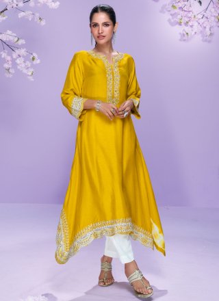 Silk Designer Kurti In Yellow Colour