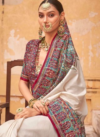 Silk Designer Sari In Off White