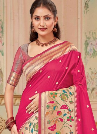 Silk Designer Sari In Pink and Rani