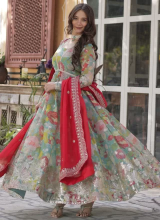 Silk Gown In Aqua Blue Color