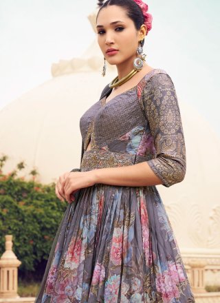 Silk Gown In Grey and Purple Color