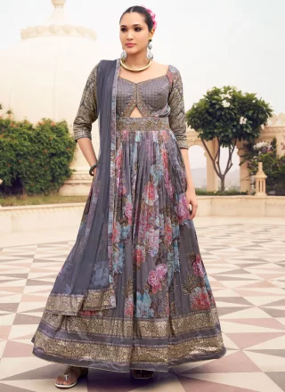 Silk Gown In Grey and Purple Color