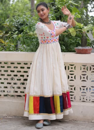 Silk Gown with Lace, Mirror, Print and Thread Work