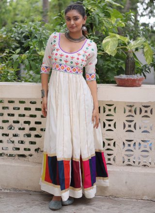 Silk Gown with Lace, Mirror, Print and Thread Work
