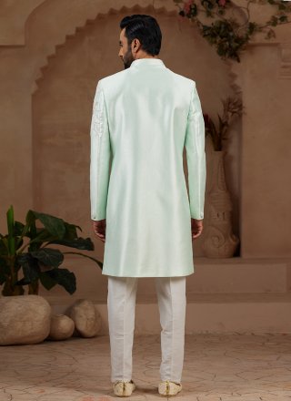 Silk Indo Western Sherwani In Green Color