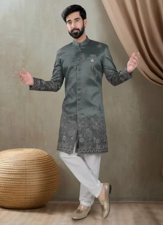 Silk Indo Western with Embroidered, Sequins and Thread Work