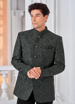 Silk Jodhpuri Jacket In Black and Grey Color