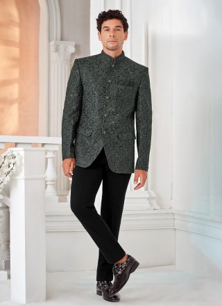 Silk Jodhpuri Jacket In Black and Grey Color