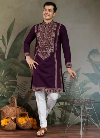 Silk Kurta Mens Wear with Embroidered, Sequins and Thread Work