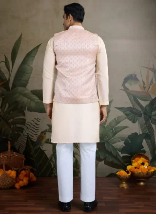 Silk Kurta Payjama with Jacket In Off White Color