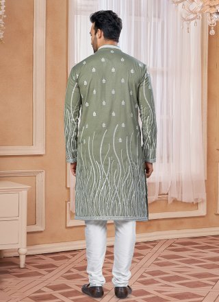 Silk Kurta Pyjama In Green Color