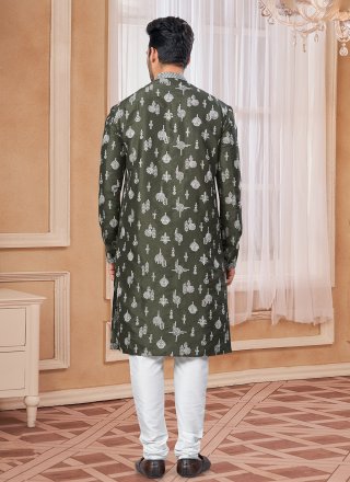 Silk Kurta Pyjama In Green Color