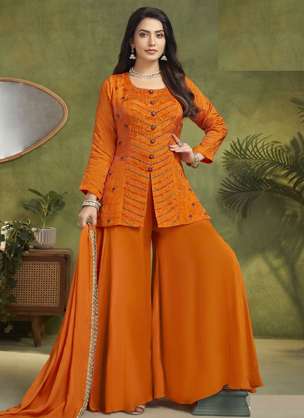 Buy Silk Palazzo Salwar Suit In Rust Online