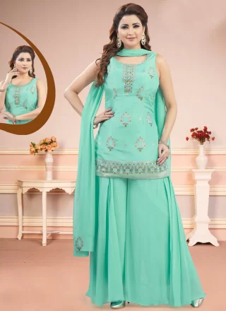 Silk Palazzo Salwar Suit In Turquoise