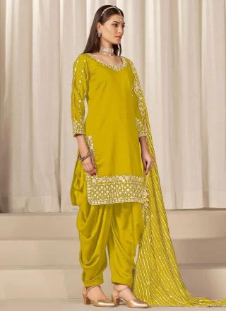 Silk Punjabi Salwar Suit In Yellow Colour