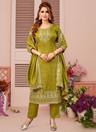 Silk Readymade Salwar Suit In Green Color