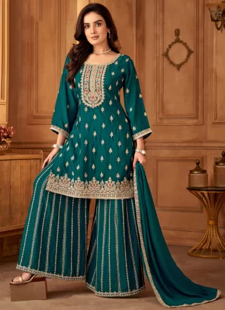 Silk Readymade Salwar Suit In Green and Teal Color