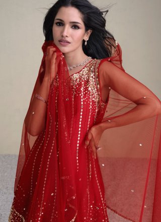 Silk Readymade Salwar Suit In Red Color