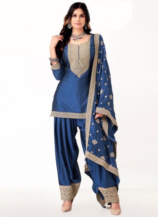 Silk Salwar Suit In Blue Colour