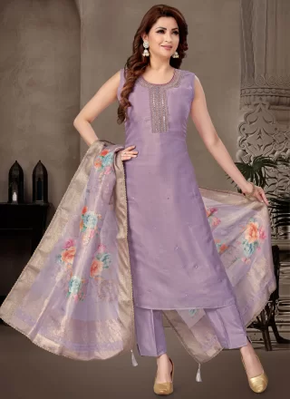 Silk Salwar Suit In Lavender Color
