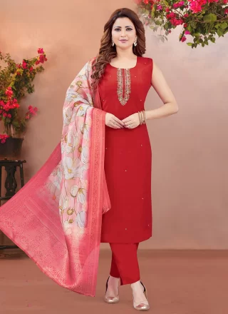 Silk Salwar Suit In Red Color